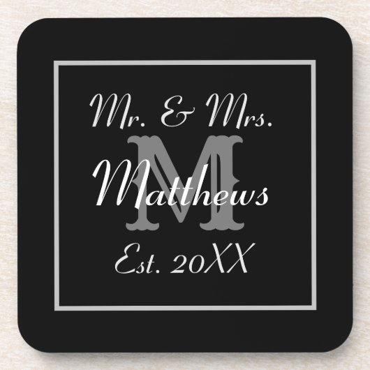 Monogram minimaal | Zwart-wit bruiloft Bier Onderzetter (Voorkant)