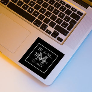 Monogram minimaal Zwart-wit bruiloft gunst Vierkante Sticker