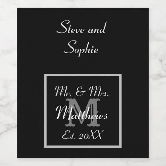 Monogram minimaal | Zwart-wit bruiloft Wijn Etiket (Enkel label)