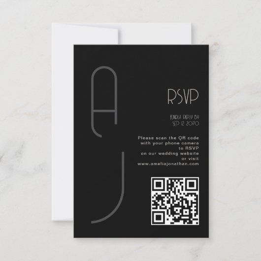 Monogram Minimal Wedding Qr Code Black RSVP  Kaartje (Voorkant)