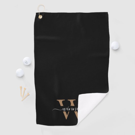 Monogram Minimale Elegante Zwart Gouden Script Naa Golfhanddoek (Insitu)