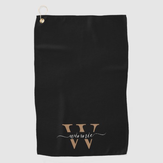 Monogram Minimale Elegante Zwart Gouden Script Naa Golfhanddoek (Voorkant)
