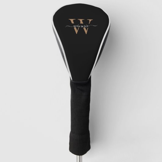 Monogram Minimale Elegante Zwart Gouden Script Naa Golfheadcover (Voorkant)
