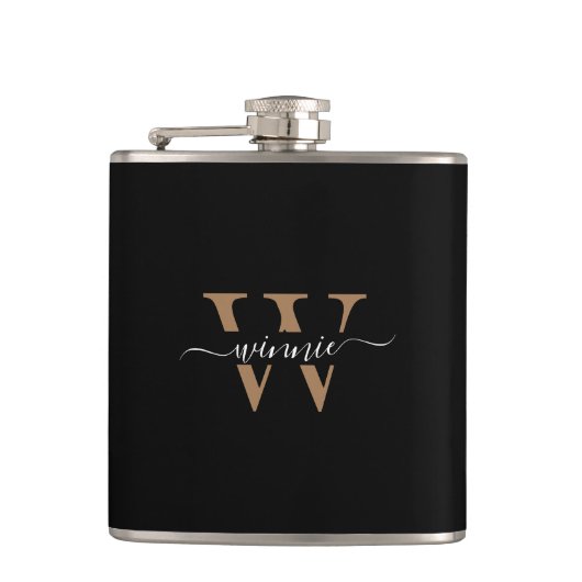 Monogram Minimale Elegante Zwart Gouden Script Naa Heupfles (Voorkant)