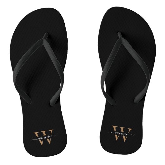 Monogram Minimale Elegante Zwart Gouden Script Naa Teenslippers (Voetbed)