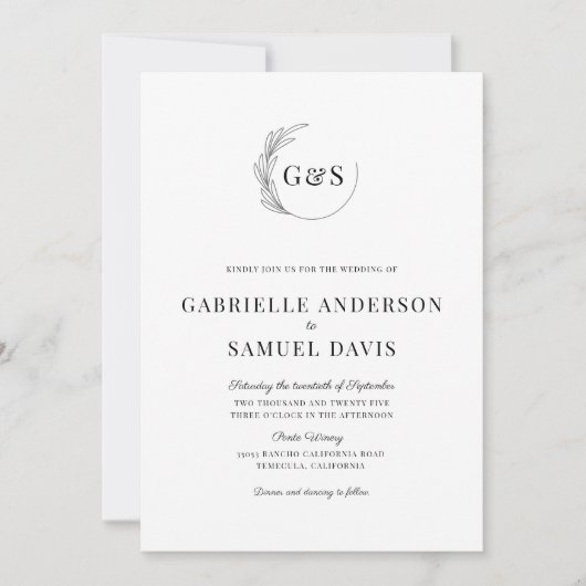 Monogram - Minimale Zwart-witbruiloft met halve br Kaart (Voorkant)