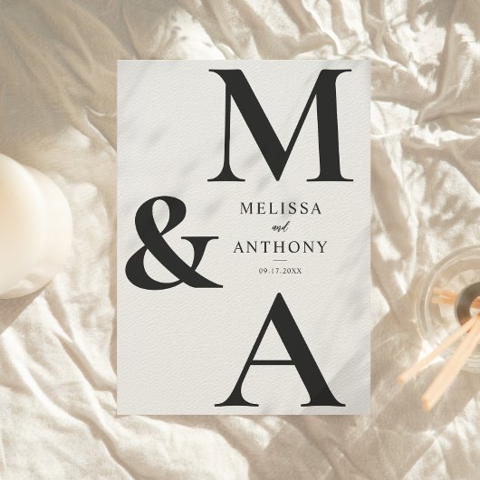 Monogram Minimalist Black and Ecru Modern Wedding Kaart
