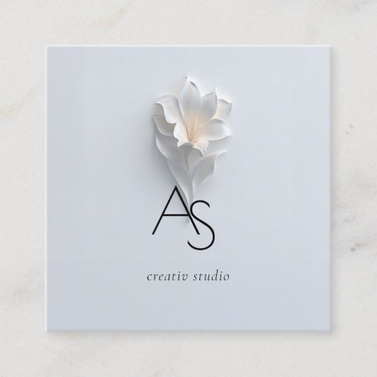 Monogram Minimalist Floral White Blue Vierkante Visitekaartje (Voorkant)