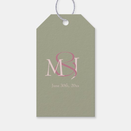 Monogram Minimalist Green Pink Mauve Wedding Cadeaulabel (Voorkant)