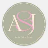 Monogram Minimalist Green & Pink Wedding Date Ronde Sticker (Voorkant)