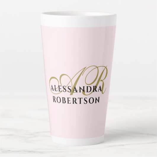 Monogram Minimalist Pastel Pink Gold Black Name  Latte Mok (Voorkant)