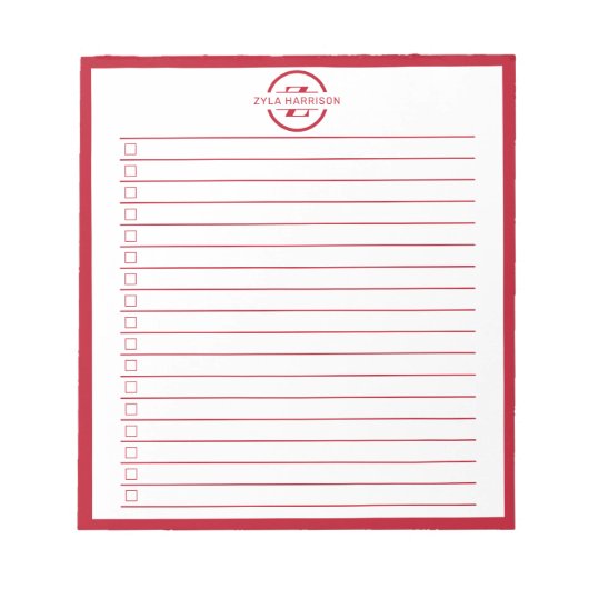 Monogram Minimalist Red Name To Do List Notitieblok (Voorkant)