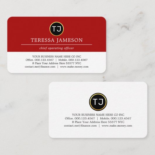 Monogram Minimalist Red White Layer Visitekaartje (Voorkant / Achterkant)