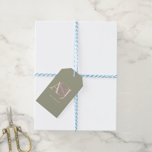 Monogram Minimalist Sage Green & Rose Pink Wedding Cadeaulabel (Met Touw)