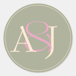 Monogram Minimalist Sage Green & Rose Pink Wedding Ronde Sticker