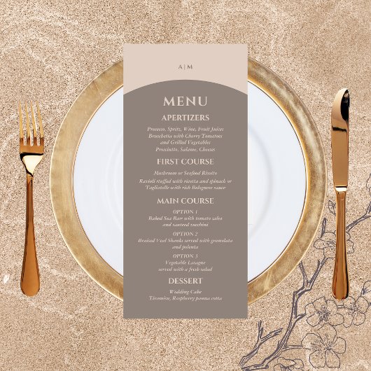 Monogram Minimalist Taupe Japandi bruiloft Menu