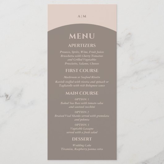 Monogram Minimalist Taupe Japandi bruiloft Menu (Voorkant)