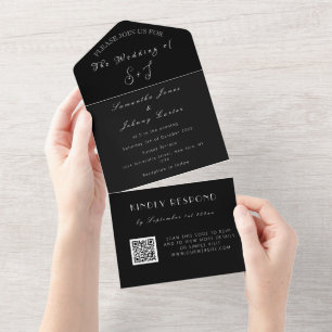 Monogram Minimalist Zwart Wit QR Code Bruiloft All In One Uitnodiging