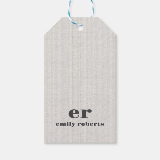 Monogram Minimalistic White Burlap Gray Typography Cadeaulabel (Achterkant)