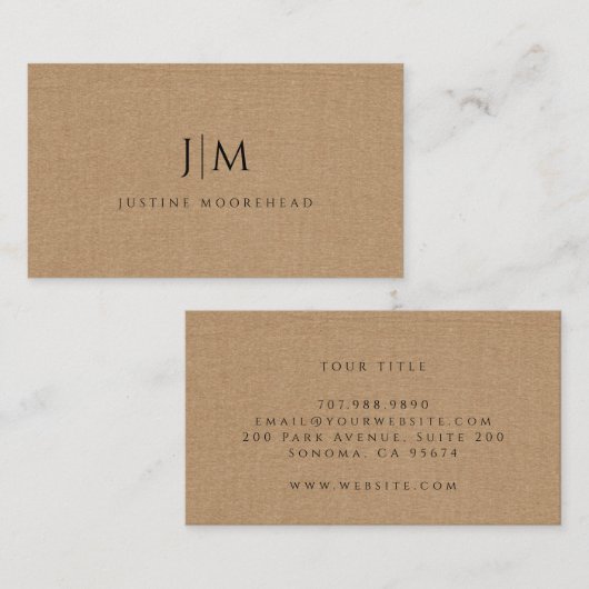 Monogram minimalistisch lichtbruin linnen effect visitekaartje (Voorkant / Achterkant)