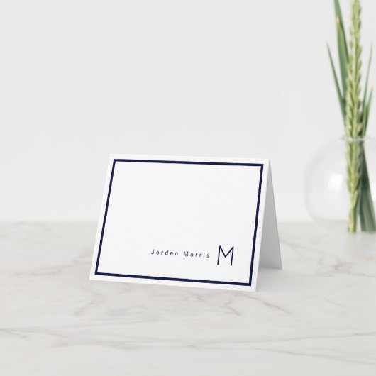 Monogram Minimalistisch Navy Blau Chic Rand Notitiekaartje (Voorkant)