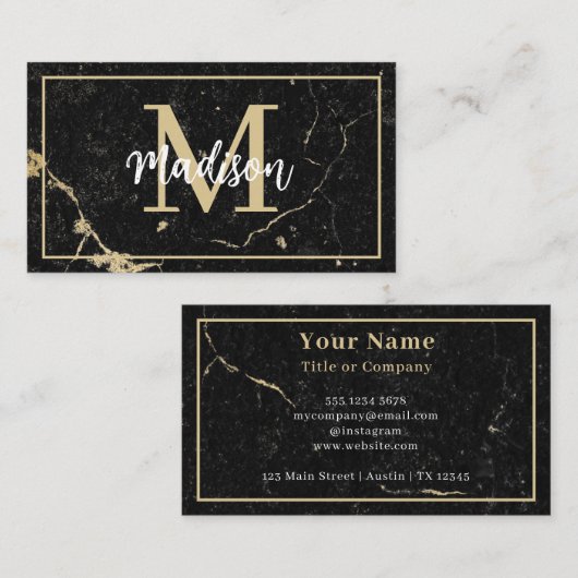 Monogram Minimalistisch Rustic Black Gold Marble Visitekaartje (Voorkant / Achterkant)