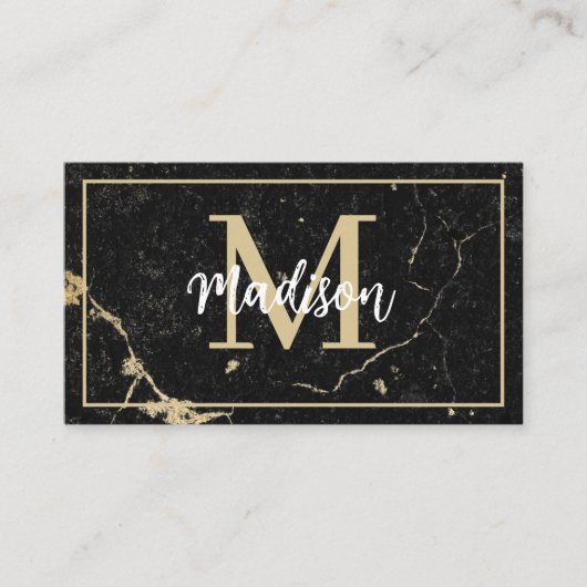 Monogram Minimalistisch Rustic Black Gold Marble Visitekaartje (Voorkant)