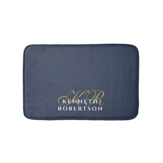 Monogram Minimalistisch Stofnavyblauw Goud Wit Man Badmat (Voorkant)