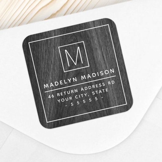 Monogram minimalistisch terugzendadres donkerhoutk vierkante sticker