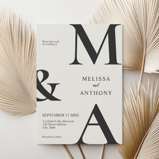 Monogram Minimalistisch Zwart en Ecru Modern Weddi Kaart