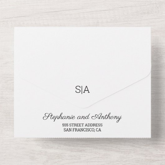 Monogram Minimalistisch Zwart-wit Heart Weddenscha All In One Uitnodiging (Achterkant)