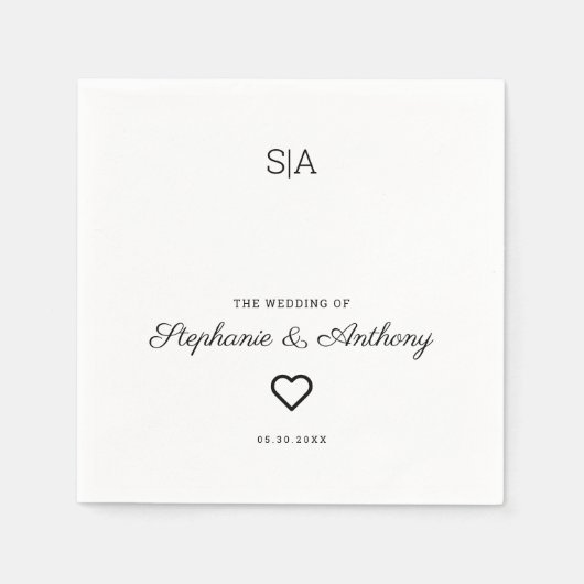 Monogram Minimalistisch Zwart-wit Heart Weddenscha Servet (Voorkant)