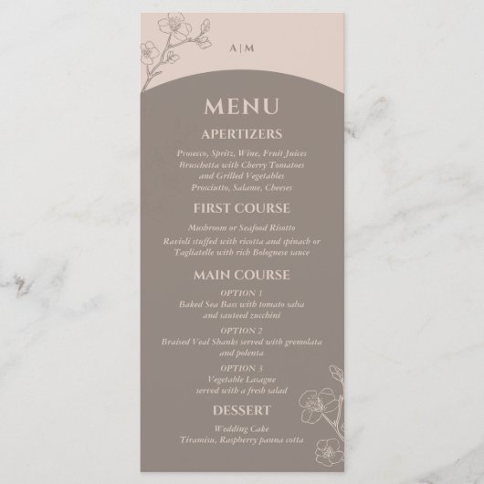 Monogram Minimalistische Bloemen Taupe Japandi bru Menu (Voorkant)