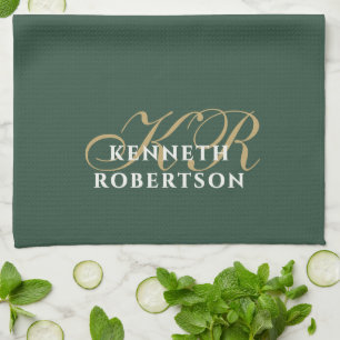 Monogram Minimalistische Groene Gouden Witte Stij Theedoek