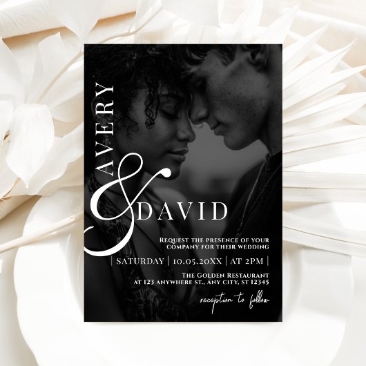 Monogram Minimalistische Moderne Huwelijk Zwart Fo Kaart