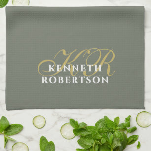  Monogram Minimalistische Olijfgroen Goud Wit Here Theedoek