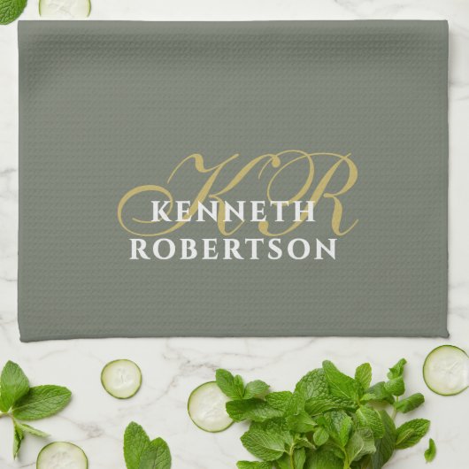  Monogram Minimalistische Olijfgroen Goud Wit Here Theedoek (Gevouwen)