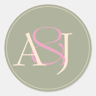 Monogram Minimalistische Saliegroen en Roze Roze T Ronde Sticker
