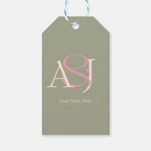 Monogram Minimalistische Saliegroen & Roze Trouwda Cadeaulabel (Voorkant)