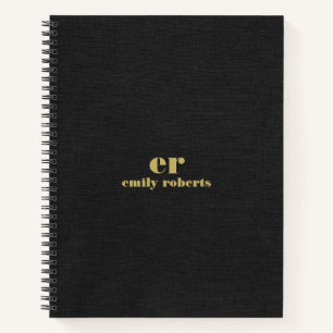 Monogram minimalistische zwart linnen gouden typog notitieboek