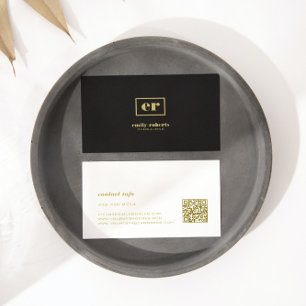 Monogram minimalistische zwart linnen gouden typog visitekaartje