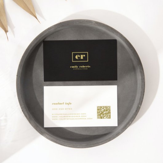 Monogram minimalistische zwart linnen gouden typog visitekaartje