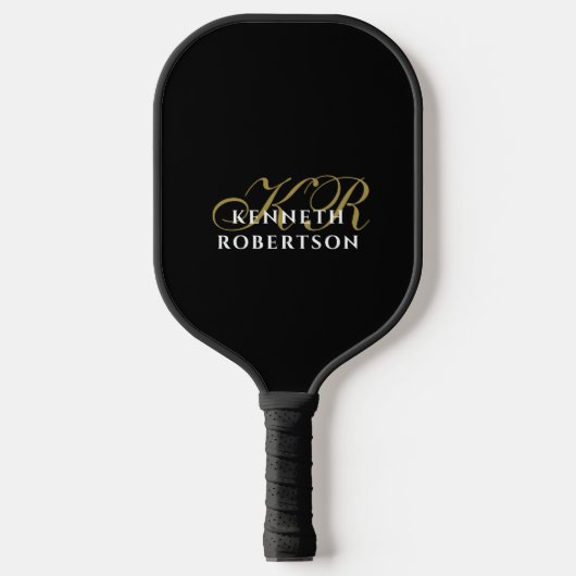 Monogram Minimalistische Zwarte Gouden Witte Elega Pickleball Paddle (Voorkant)