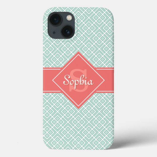 Monogram Mint Coral Name Diamond Pattern Case-Mate iPhone Case (Achterkant)