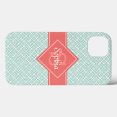 Monogram Mint Coral Name Diamond Pattern Case-Mate iPhone Case (Achterkant (horizontaal))