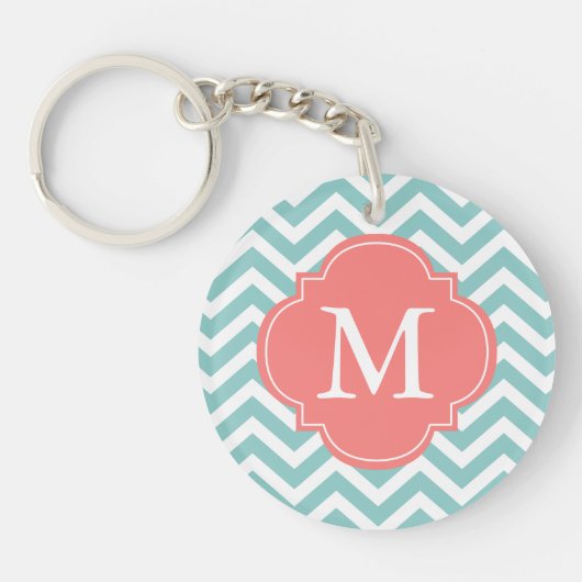 Monogram Mint & Coral Zigzag Pattern Sleutelhanger (Voorkant)