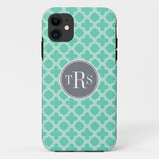 Monogram Mint en grijs Quatrefoil Patroon Case-Mate iPhone Case (Achterkant)