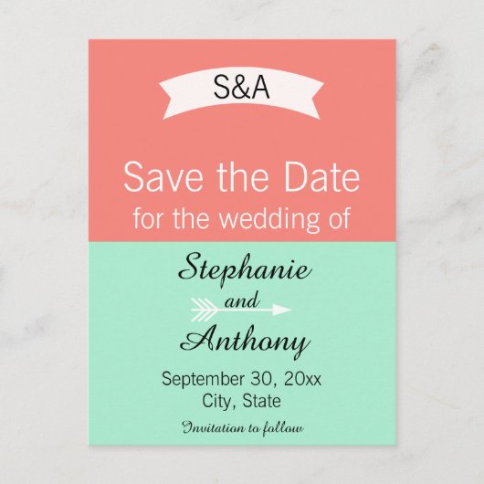 Monogram Mint en Koraal blok van de Kleur sparen d Aankondigingskaart (Voorkant)