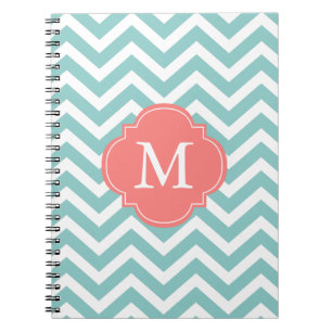 Monogram mint en koraal Chevrons Notitieboek
