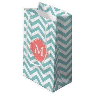 Monogram Mint en Koraal Zigzag Patroon Klein Cadeauzakje